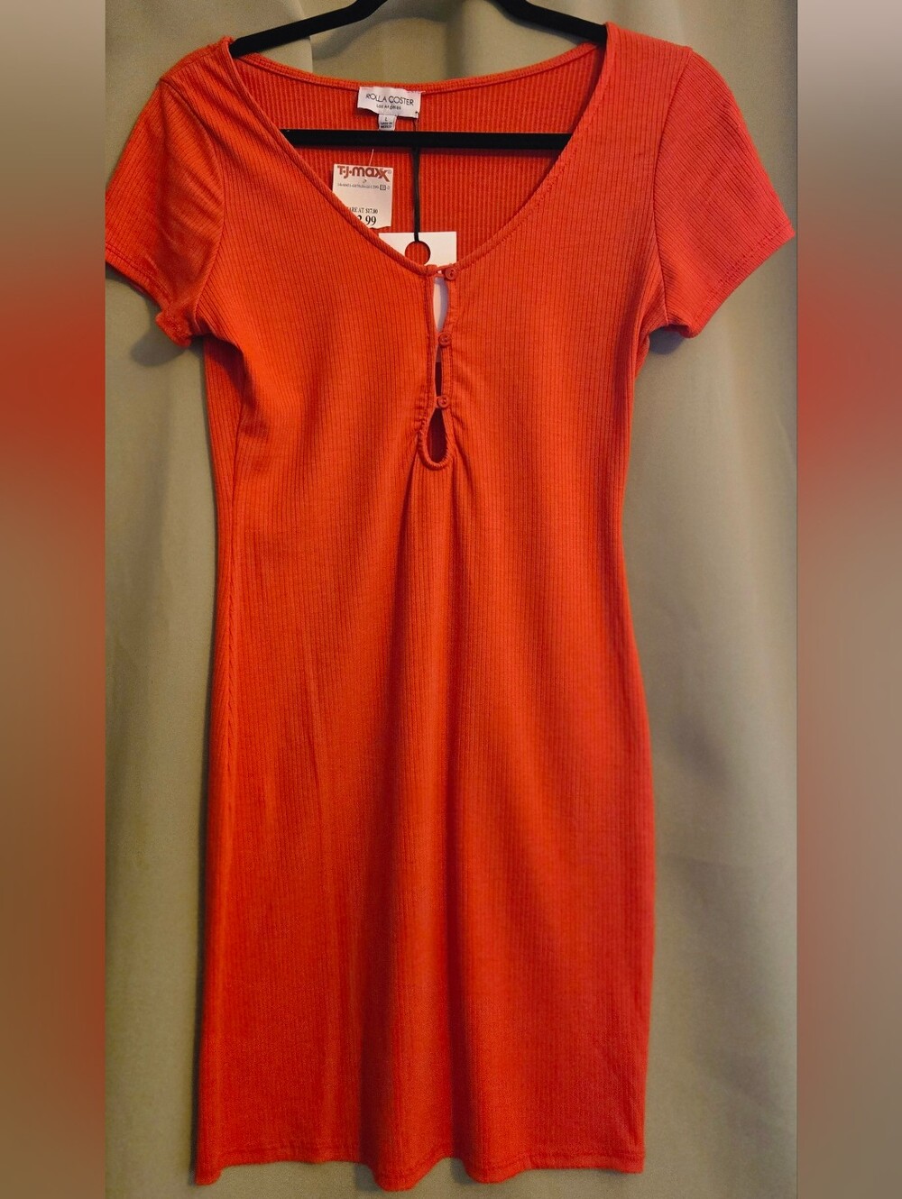 Rolla Coster Orange Ribbed Short Sleeve Mini Dress with Front Keyhole